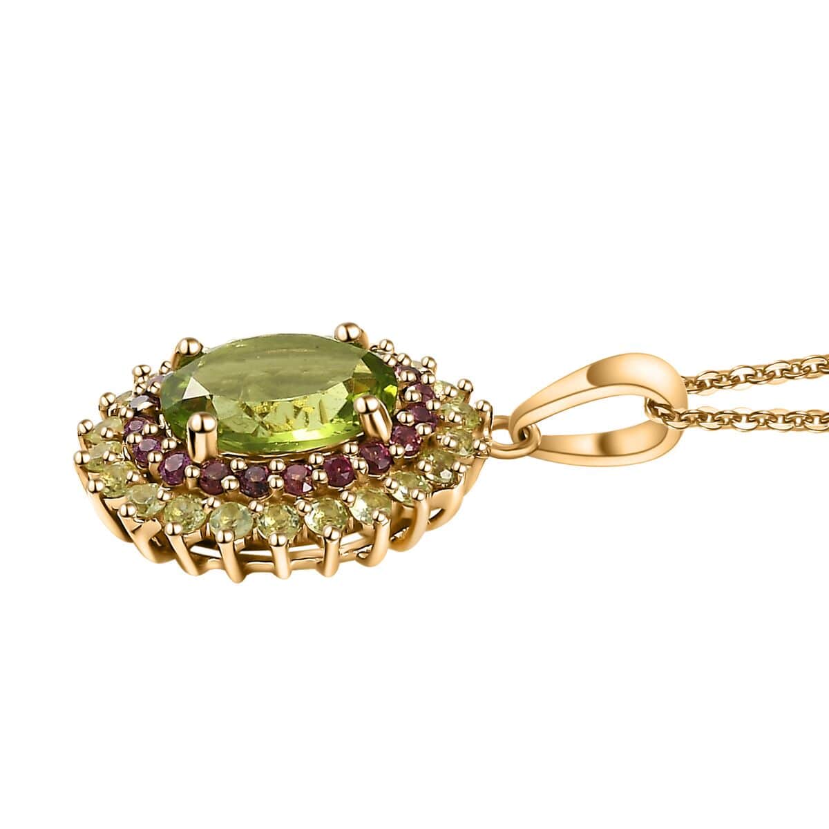 Peridot and Orissa Rhodolite Garnet Sunburst Pendant Necklace 20 Inches in 18K Vermeil Yellow Gold Over Sterling Silver 3.80 ctw image number 3