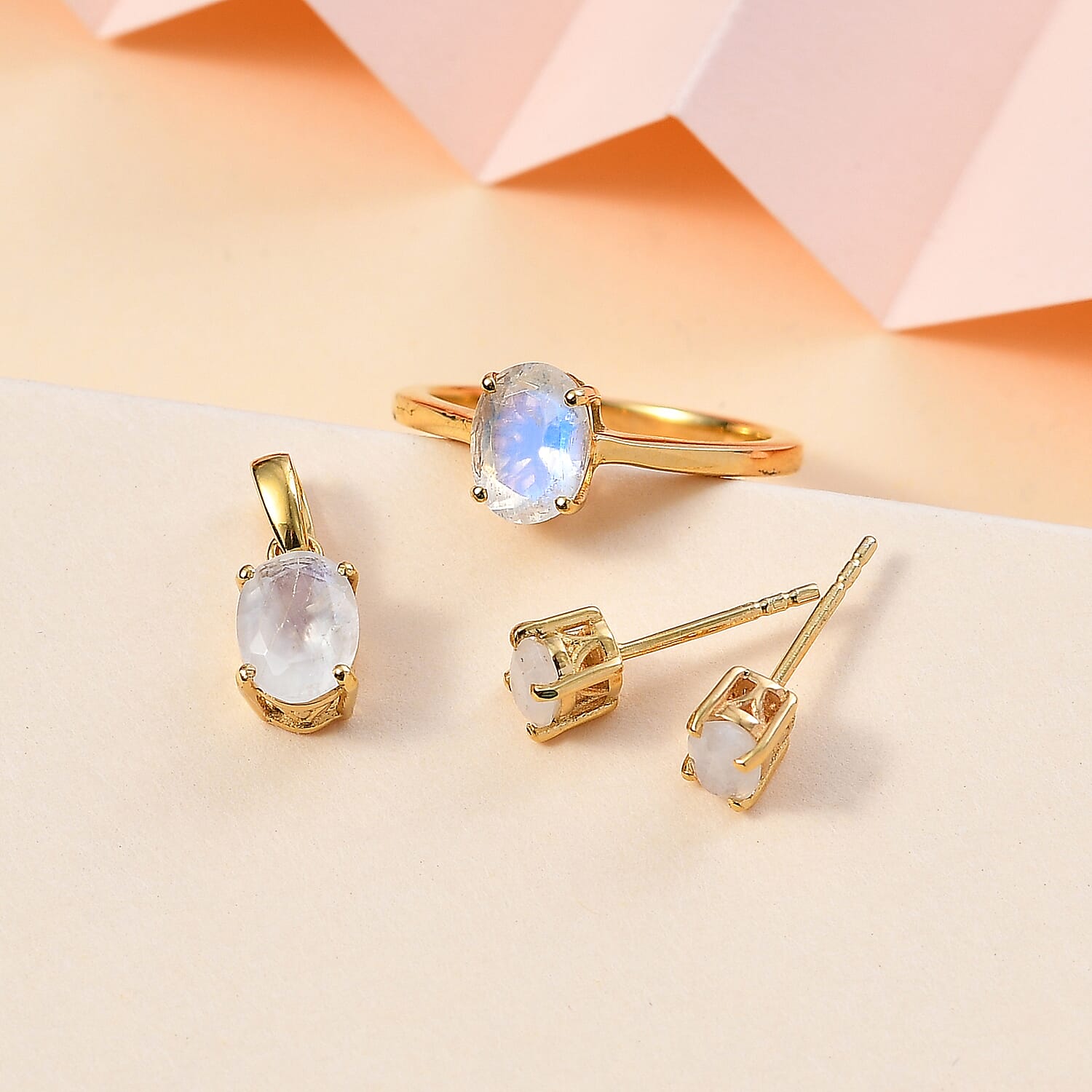 Moon Glow Moonstone Solitaire Stud Earrings, Ring (Size 5.0) and Pendant in 18K Vermeil Yellow Gold Over Sterling Silver 3.20 ctw