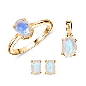 Moon Glow Moonstone Solitaire Stud Earrings, Ring (Size 8.0) and Pendant without Chain in 18K Vermeil Yellow Gold Over Sterling Silver 3.20 ctw