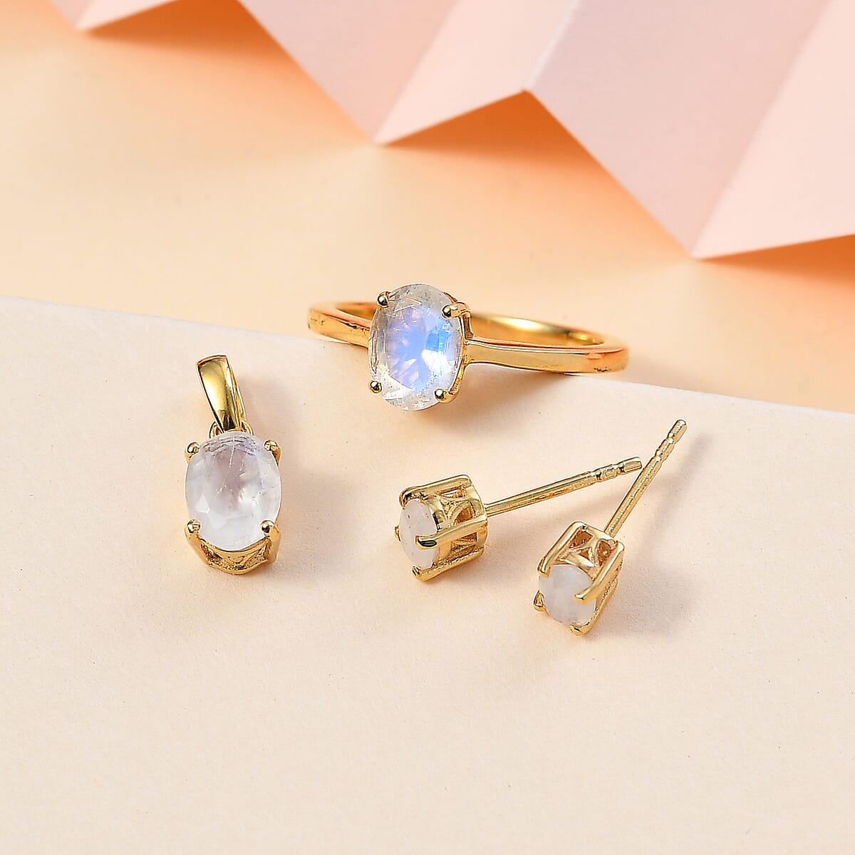 Moon Glow Moonstone Solitaire Stud Earrings, Ring (Size 8.0) and Pendant without Chain in 18K Vermeil Yellow Gold Over Sterling Silver 3.20 ctw image number 1