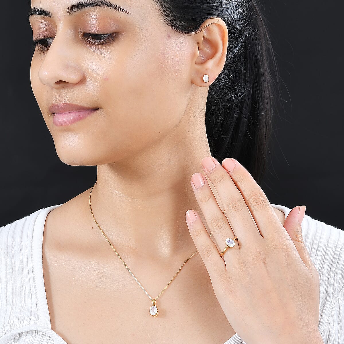 Moon Glow Moonstone Solitaire Stud Earrings, Ring (Size 8.0) and Pendant without Chain in 18K Vermeil Yellow Gold Over Sterling Silver 3.20 ctw image number 3