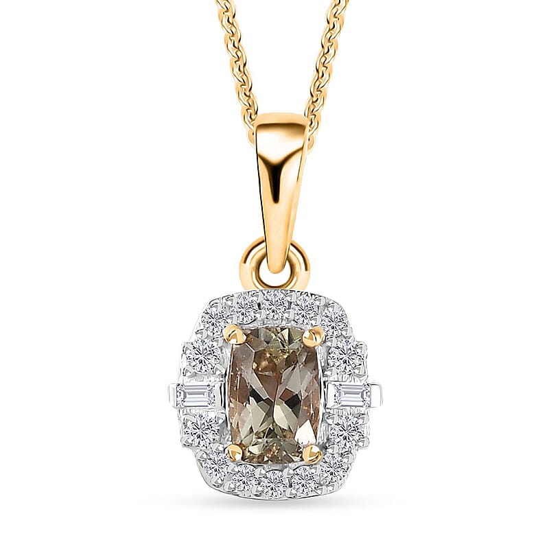 AAA Turkizite and White Zircon Halo Pendant Necklace 20 Inches in 18K Vermeil Yellow Gold Over Sterling Silver 0.90 ctw