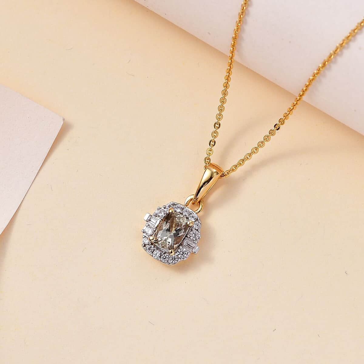 AAA Turkizite and White Zircon Halo Pendant Necklace 20 Inches in 18K Vermeil Yellow Gold Over Sterling Silver 0.90 ctw image number 1