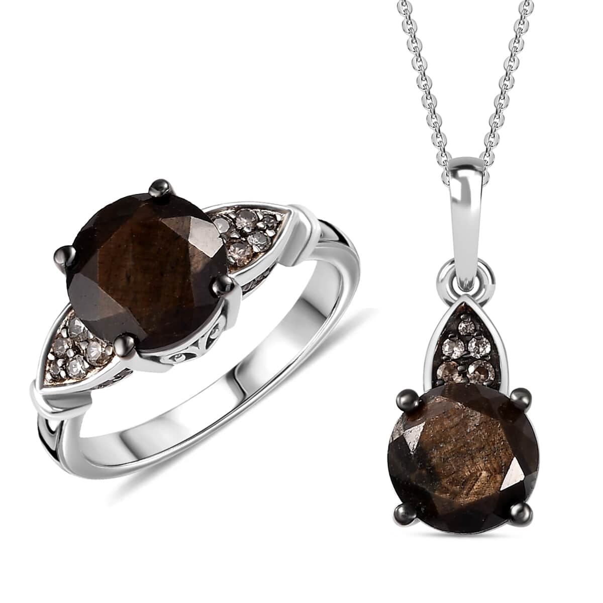 Zawadi Chocolate Sapphire and Champagne Zircon Ring (Size 5.0) and Pendant Necklace 20 Inches in Rhodium Over Sterling Silver 6.00 ctw image number 0