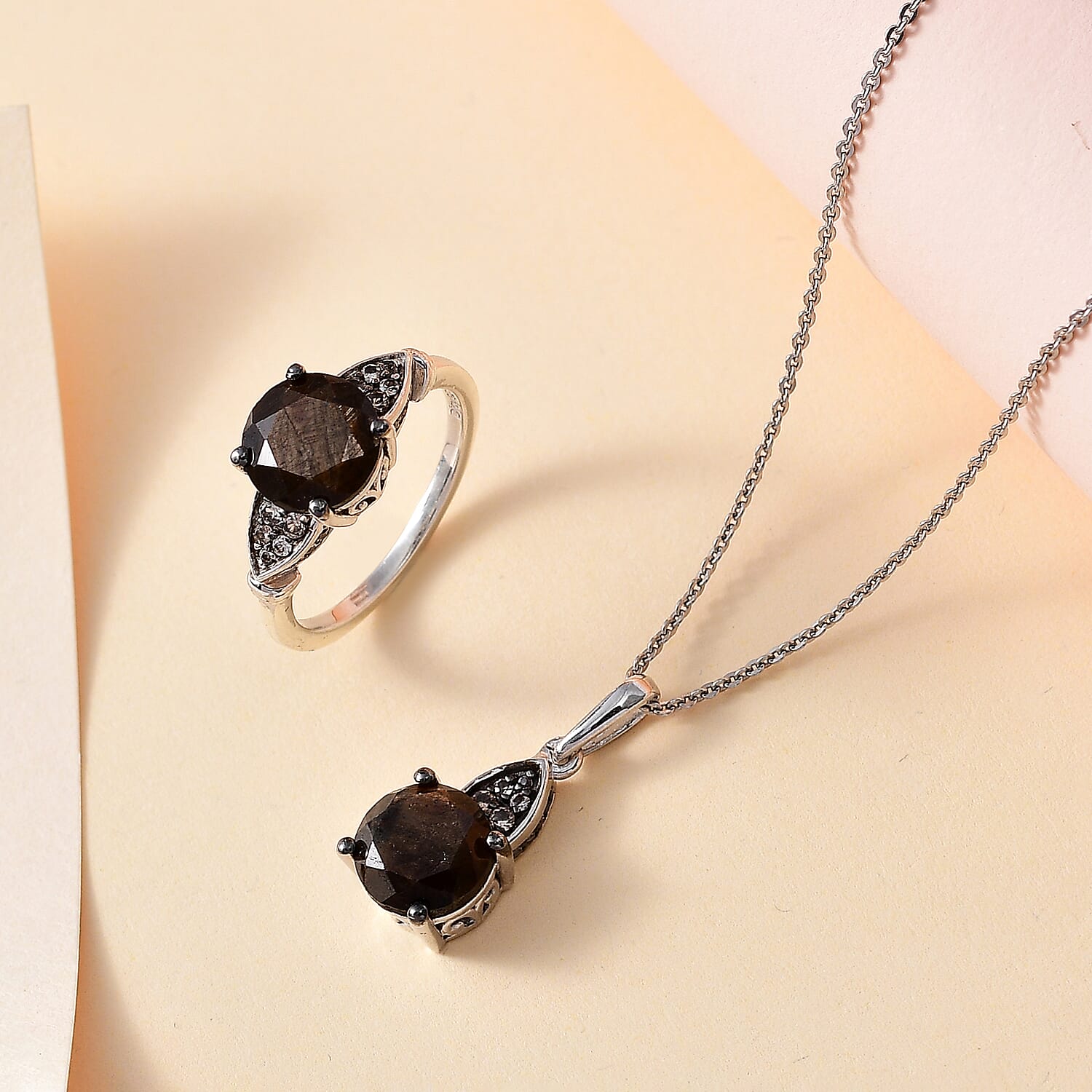 Zawadi Chocolate Sapphire and Champagne Zircon Ring (Size 5.0) and Pendant Necklace 20 Inches in Rhodium Over Sterling Silver 6.00 ctw