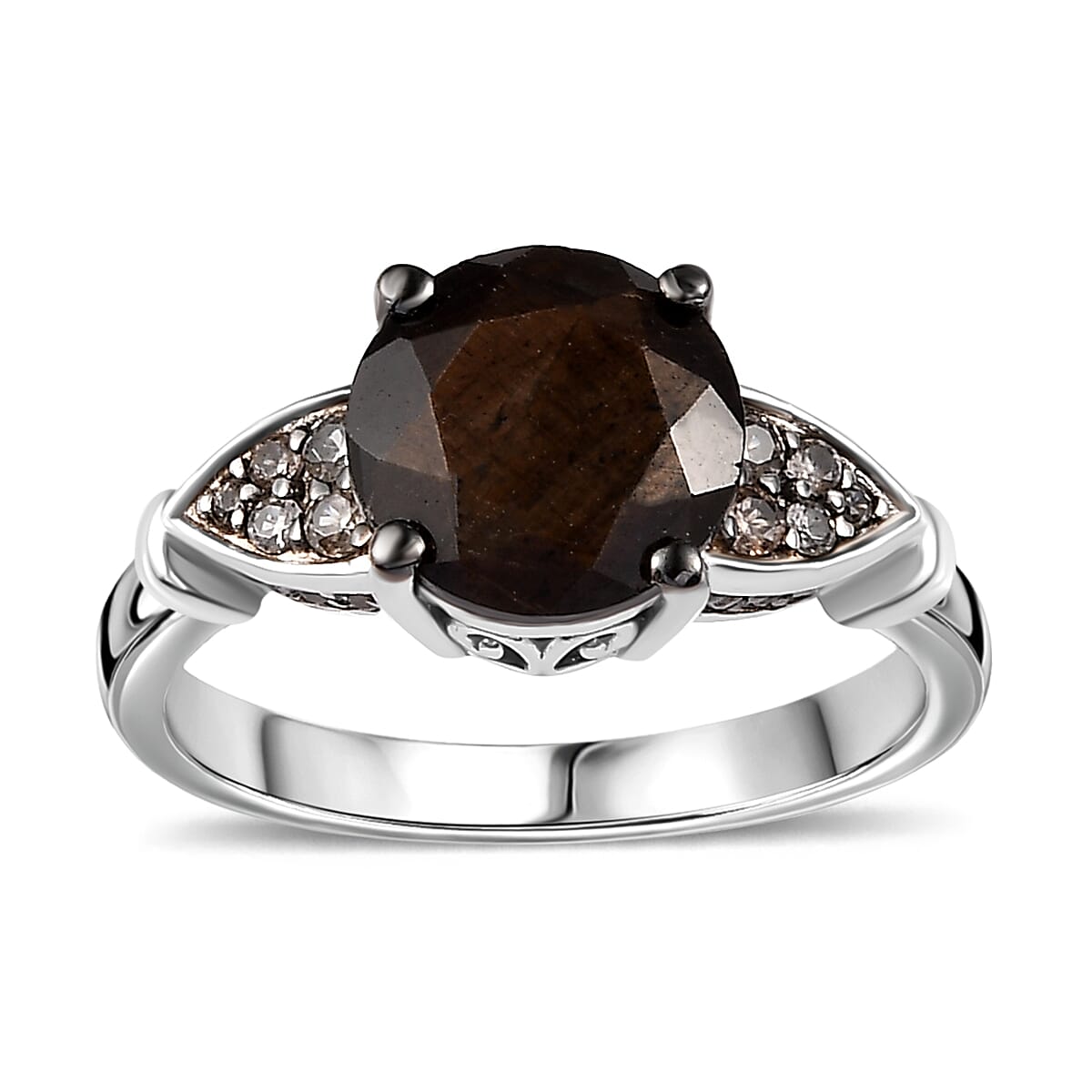 Zawadi Chocolate Sapphire and Champagne Zircon Ring (Size 5.0) and Pendant Necklace 20 Inches in Rhodium Over Sterling Silver 6.00 ctw