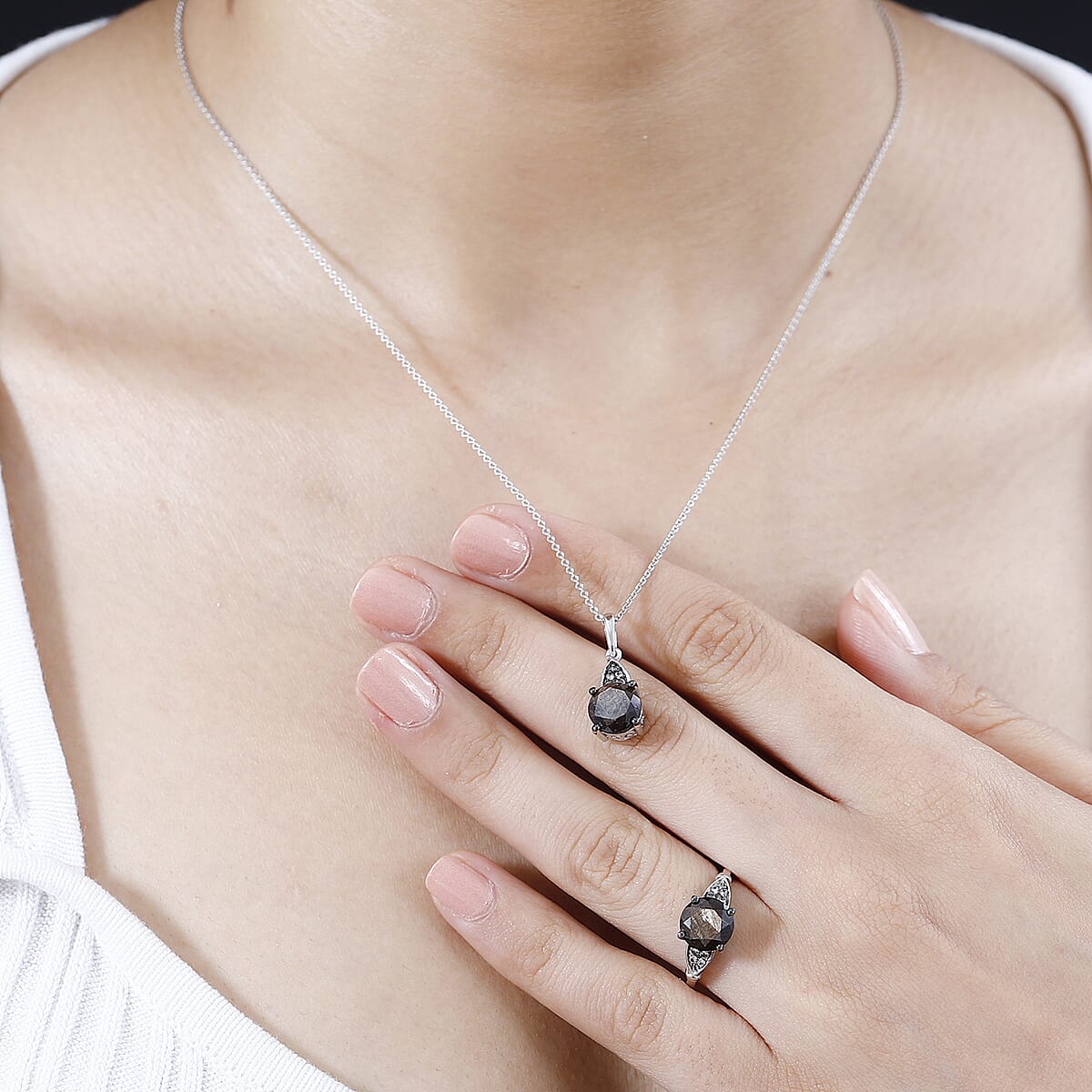 Zawadi Chocolate Sapphire and Champagne Zircon Ring (Size 6.0) and Pendant Necklace 20 Inches in Rhodium Over Sterling Silver 6.00 ctw image number 2