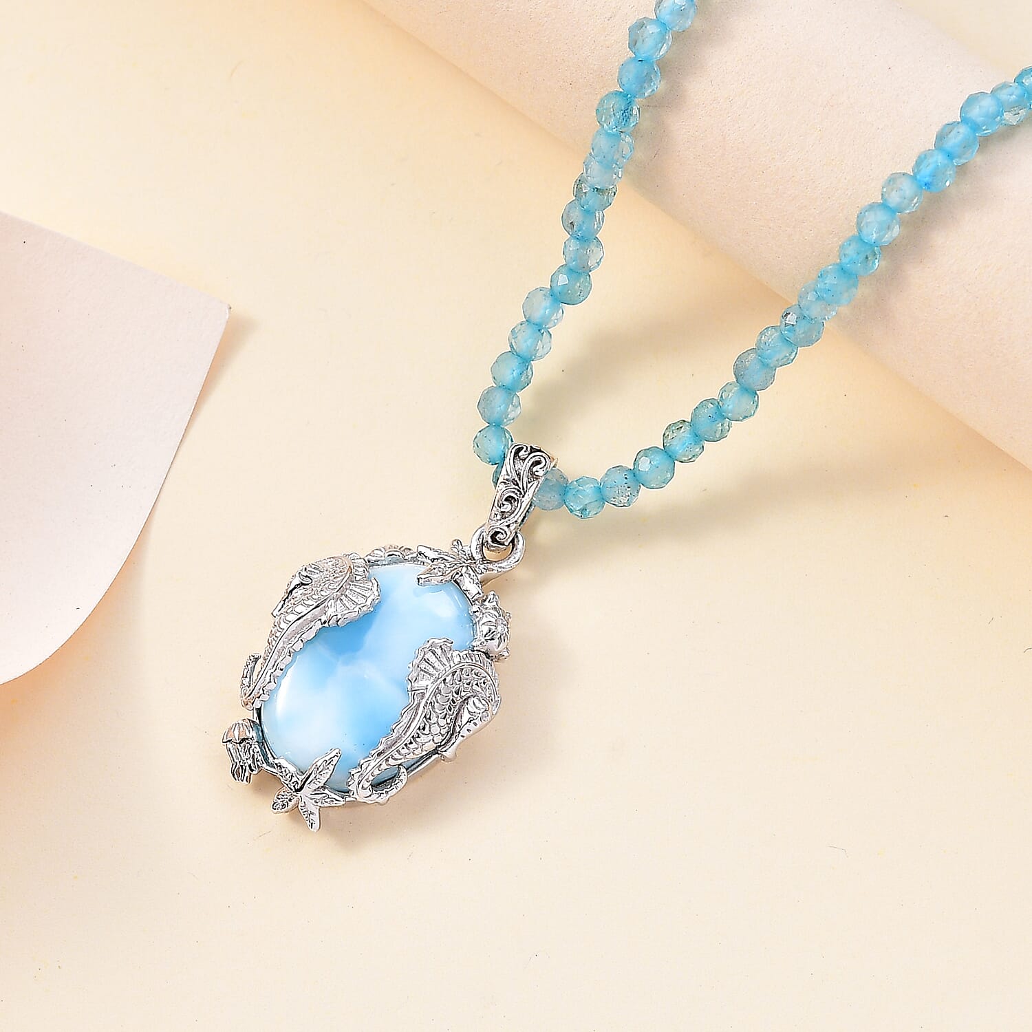 Larimar Beads Pendant 44.00 ctw Necklace in Rhodium Over Sterling Silver 18 Inches