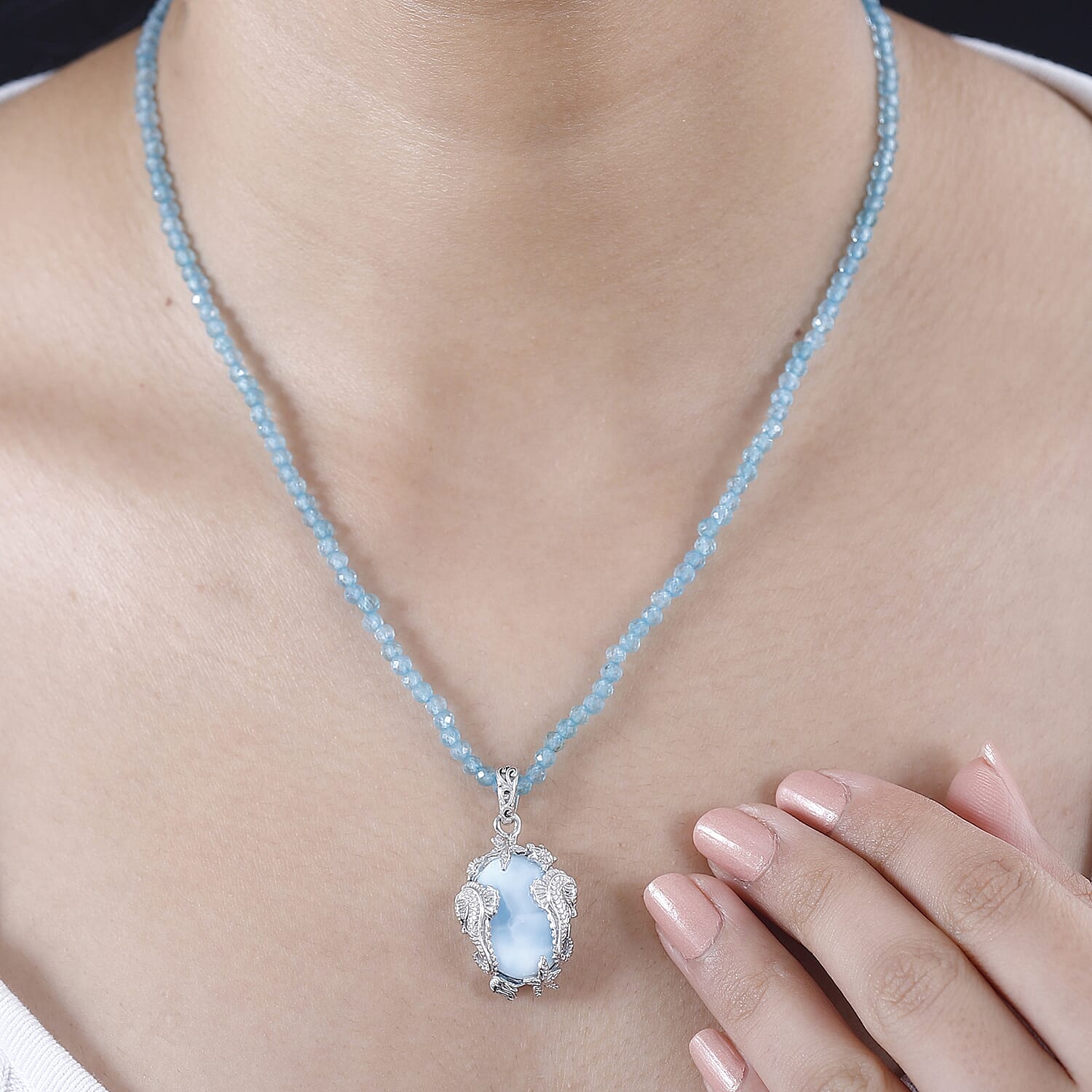 Larimar Beads Pendant 44.00 ctw Necklace in Rhodium Over Sterling Silver 18 Inches