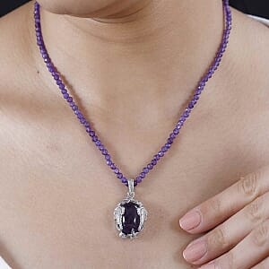 African Amethyst Beads Pendant 41.92 ctw Necklace in Rhodium Over Sterling Silver 18 Inches