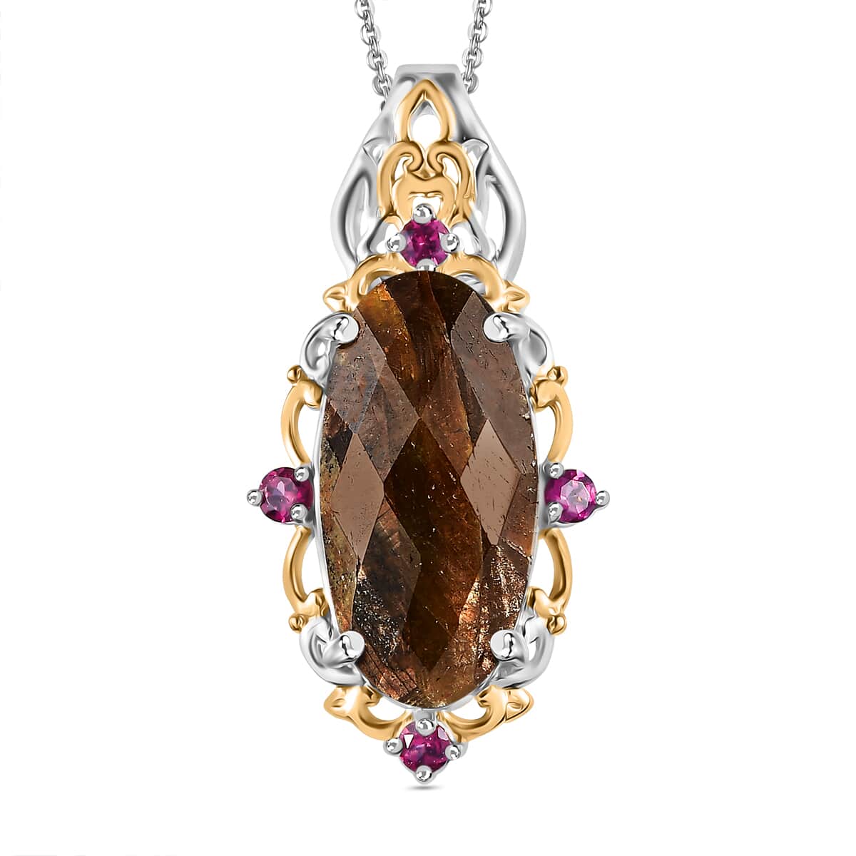 Checkerboard Cut Zawadi Chocolate Sapphire and Orissa Rhodolite Garnet Victorian Era Pendant Necklace 20 Inches in 18K Vermeil YG and Rhodium Over Sterling Silver 15.60 ctw image number 0