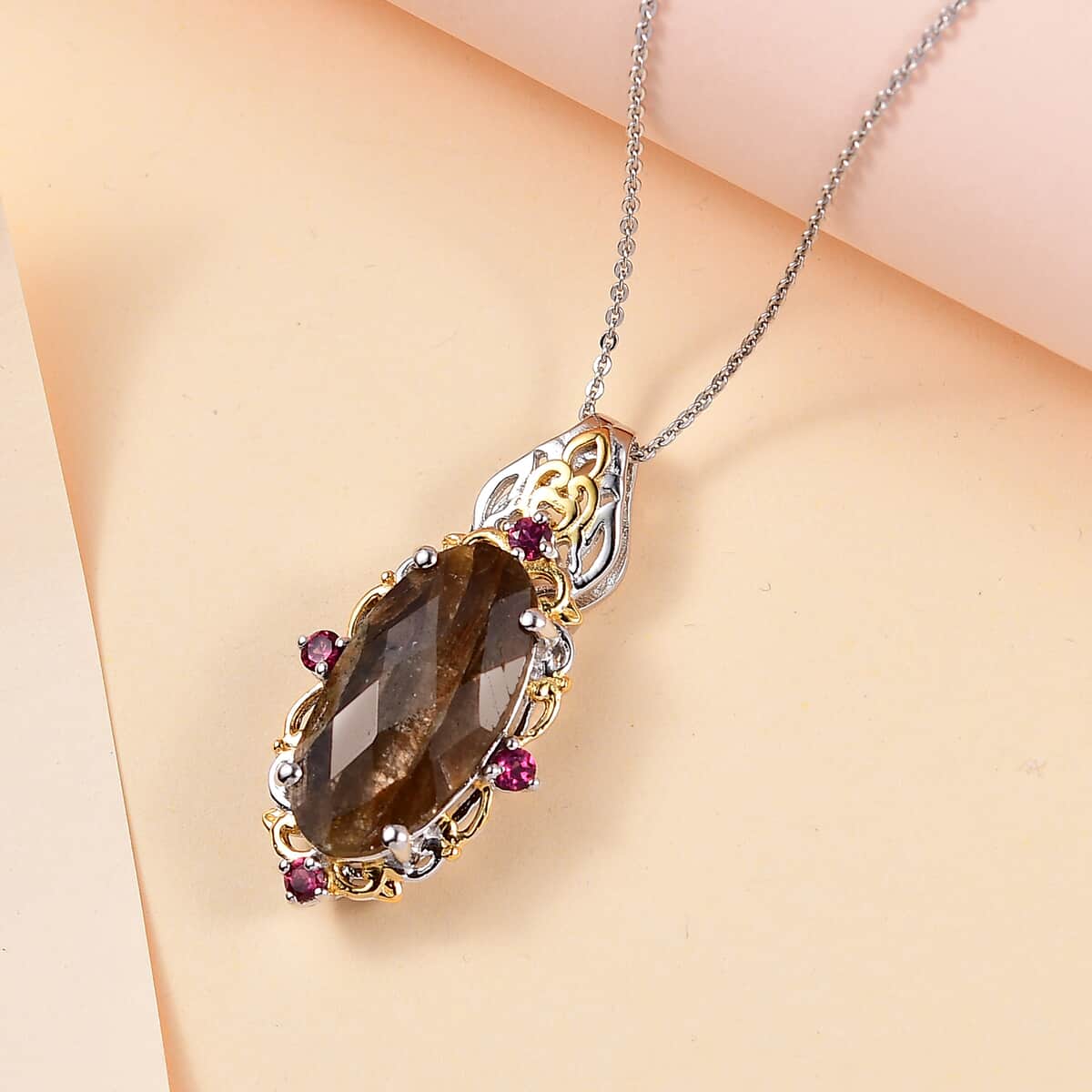 Checkerboard Cut Zawadi Chocolate Sapphire and Orissa Rhodolite Garnet Victorian Era Pendant Necklace 20 Inches in 18K Vermeil YG and Rhodium Over Sterling Silver 15.60 ctw image number 1