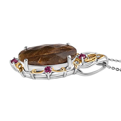 Checkerboard Cut Zawadi Chocolate Sapphire and Orissa Rhodolite Garnet Victorian Era Pendant Necklace 20 Inches in 18K Vermeil YG and Rhodium Over Sterling Silver 15.60 ctw
