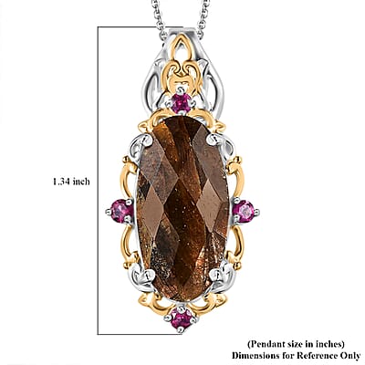 Checkerboard Cut Zawadi Chocolate Sapphire and Orissa Rhodolite Garnet Victorian Era Pendant Necklace 20 Inches in 18K Vermeil YG and Rhodium Over Sterling Silver 15.60 ctw