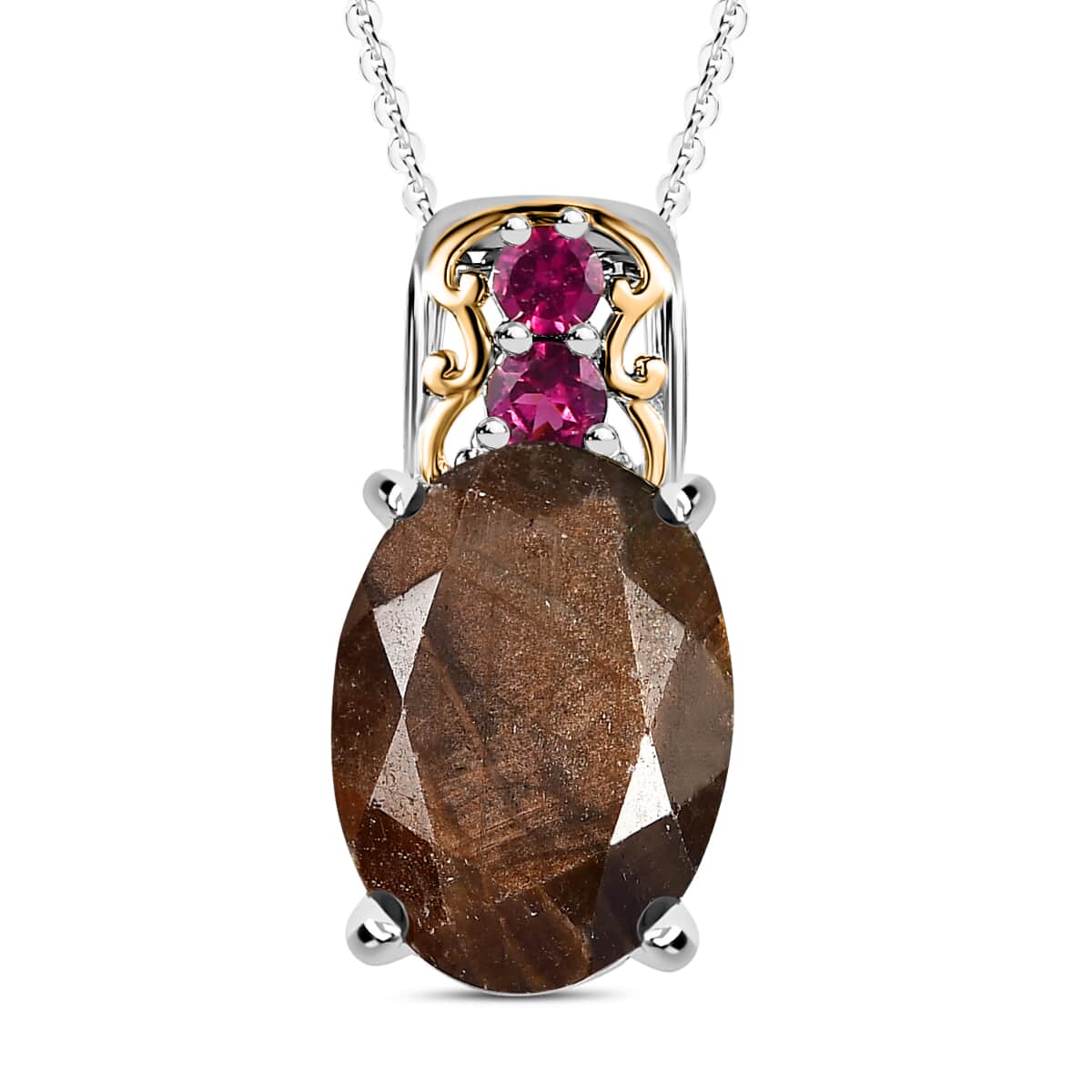 Zawadi Chocolate Sapphire and Orissa Rhodolite Garnet Pendant Necklace 20 Inches in 18K Vermeil YG and Rhodium Over Sterling Silver 8.65 ctw image number 0