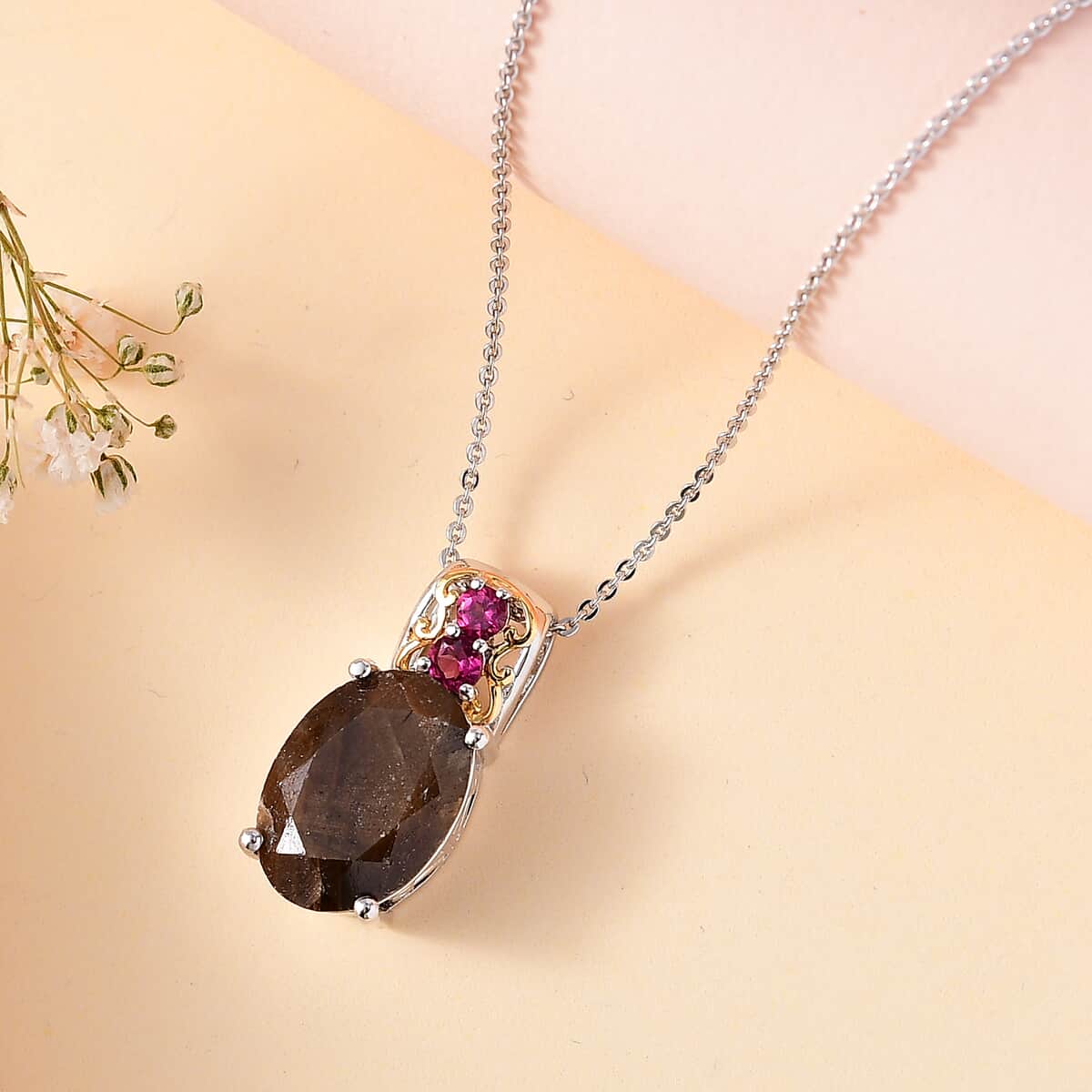 Zawadi Chocolate Sapphire and Orissa Rhodolite Garnet Pendant Necklace 20 Inches in 18K Vermeil YG and Rhodium Over Sterling Silver 8.65 ctw image number 1