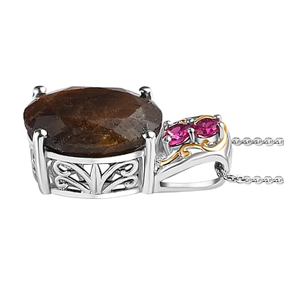 Zawadi Chocolate Sapphire and Orissa Rhodolite Garnet Pendant Necklace 20 Inches in 18K Vermeil YG and Rhodium Over Sterling Silver 8.65 ctw