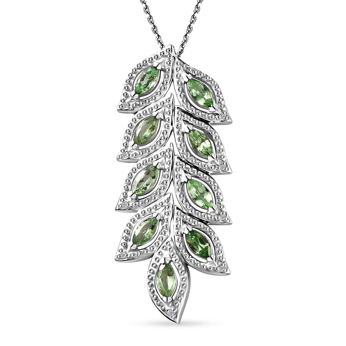 Brazilian Mint Garnet and White Zircon Leaf Pendant Necklace 20 Inches in Rhodium Over Sterling Silver 1.40 ctw image number 0