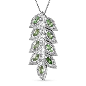 Brazilian Mint Garnet and White Zircon Leaf Pendant Necklace 20 Inches in Rhodium Over Sterling Silver 1.40 ctw