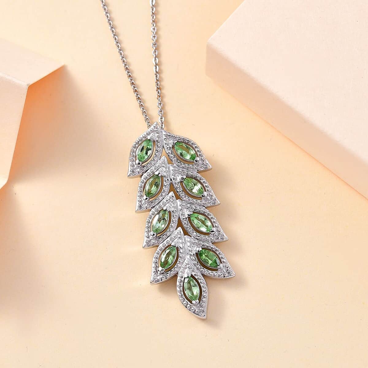 Brazilian Mint Garnet and White Zircon Leaf Pendant Necklace 20 Inches in Rhodium Over Sterling Silver 1.40 ctw image number 1