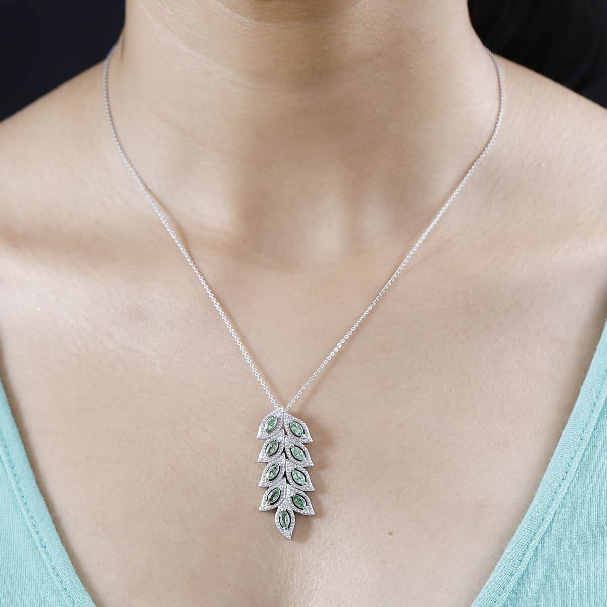 Brazilian Mint Garnet and White Zircon Leaf Pendant Necklace 20 Inches in Rhodium Over Sterling Silver 1.40 ctw image number 2