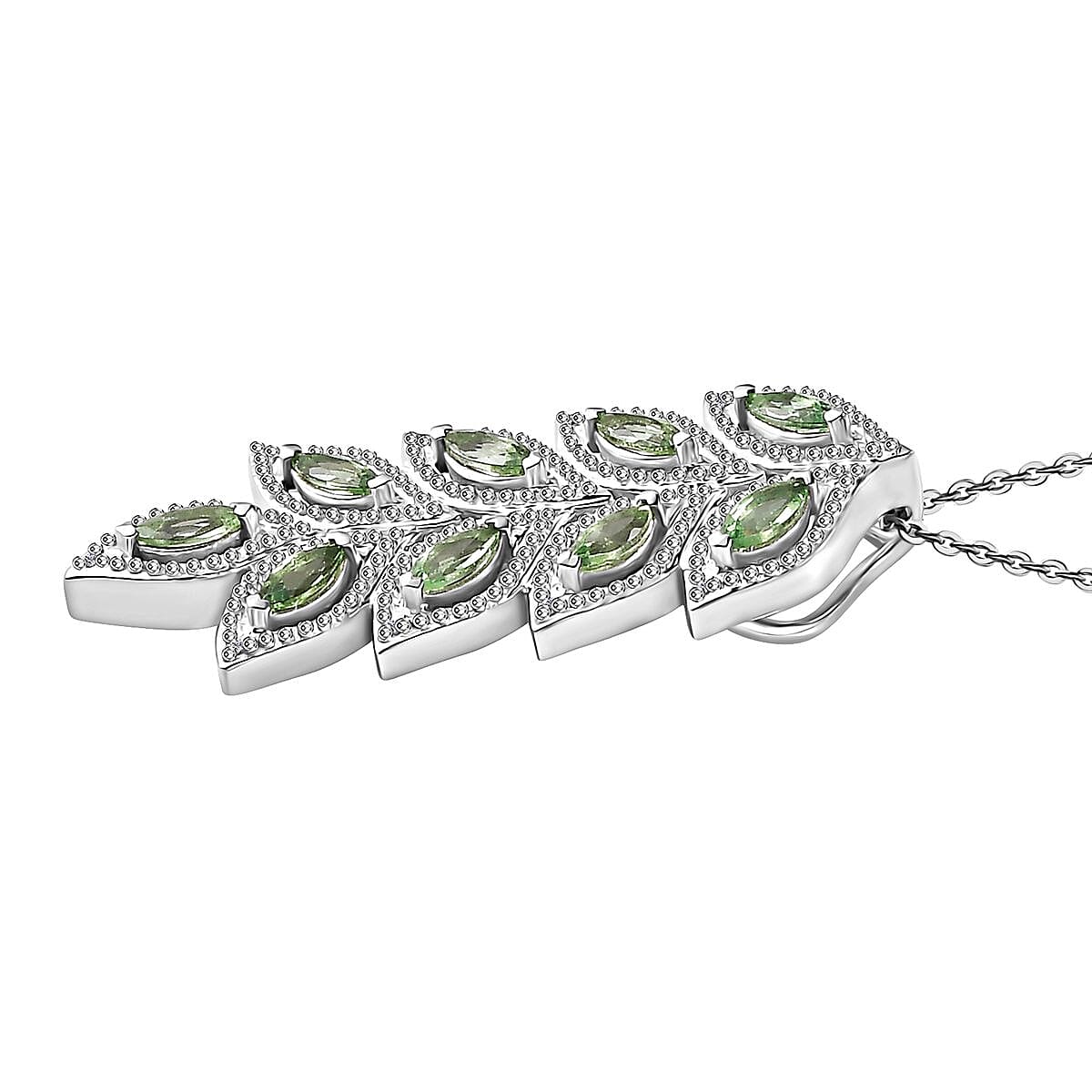 Brazilian Mint Garnet and White Zircon Leaf Pendant Necklace 20 Inches in Rhodium Over Sterling Silver 1.40 ctw