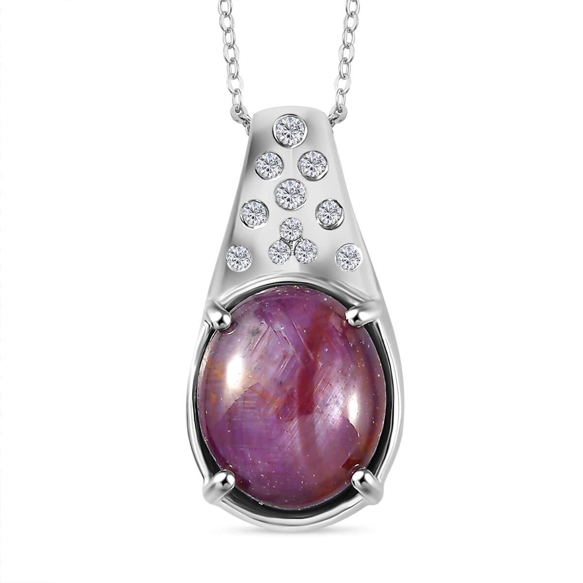 Indian Star Ruby and Moissanite Starry Night Pendant Necklace 20 Inches in Rhodium Over Sterling Silver 10.00 ctw image number 0