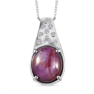 Indian Star Ruby and Moissanite Starry Night Pendant Necklace 20 Inches in Rhodium Over Sterling Silver 10.00 ctw