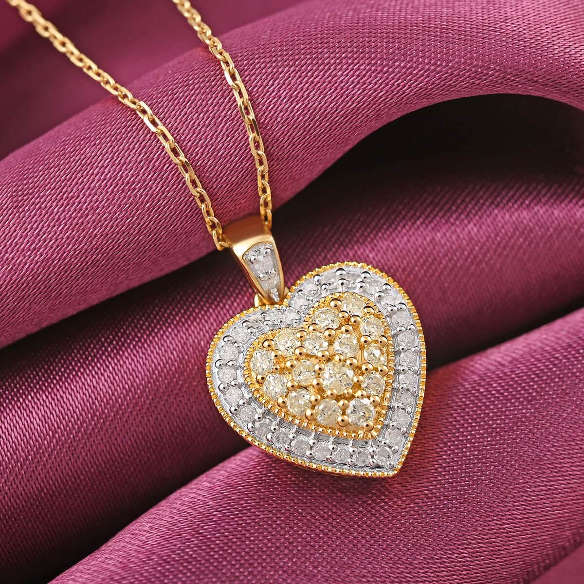Natural Yellow and White Diamond Heart Shape Pendant Necklace 18 Inches in Vermeil Yellow Gold Over Sterling Silver 0.50 ctw image number 1