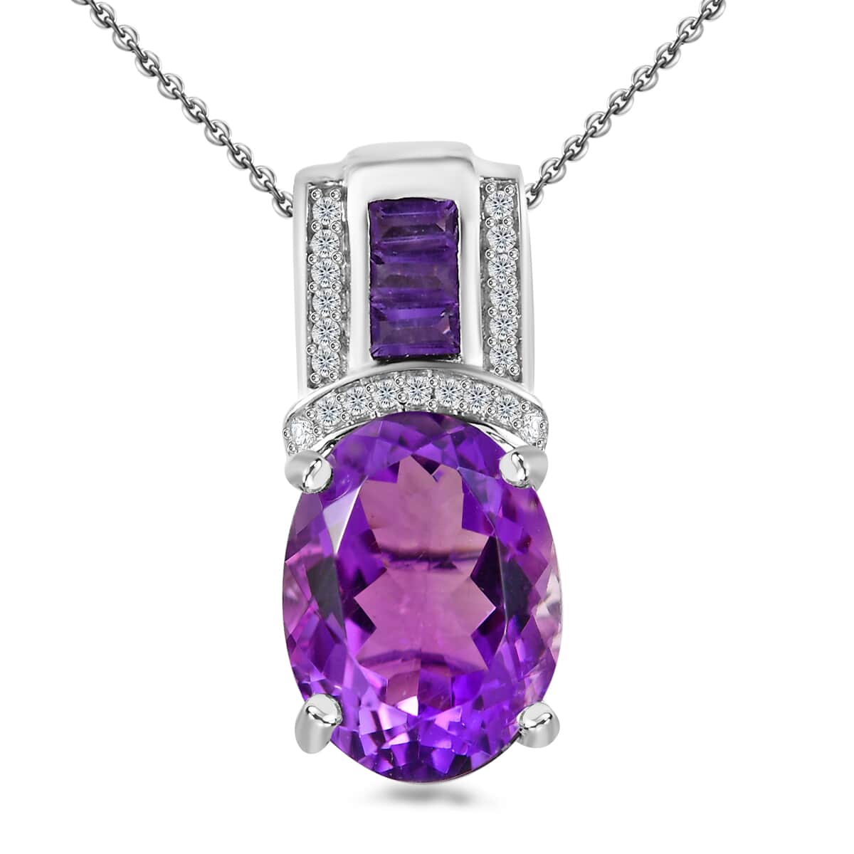 African Amethyst and White Zircon 10.00 ctw Pendant Necklace 20 Inches in Platinum Over and Rhodium Over Sterling Silver image number 0