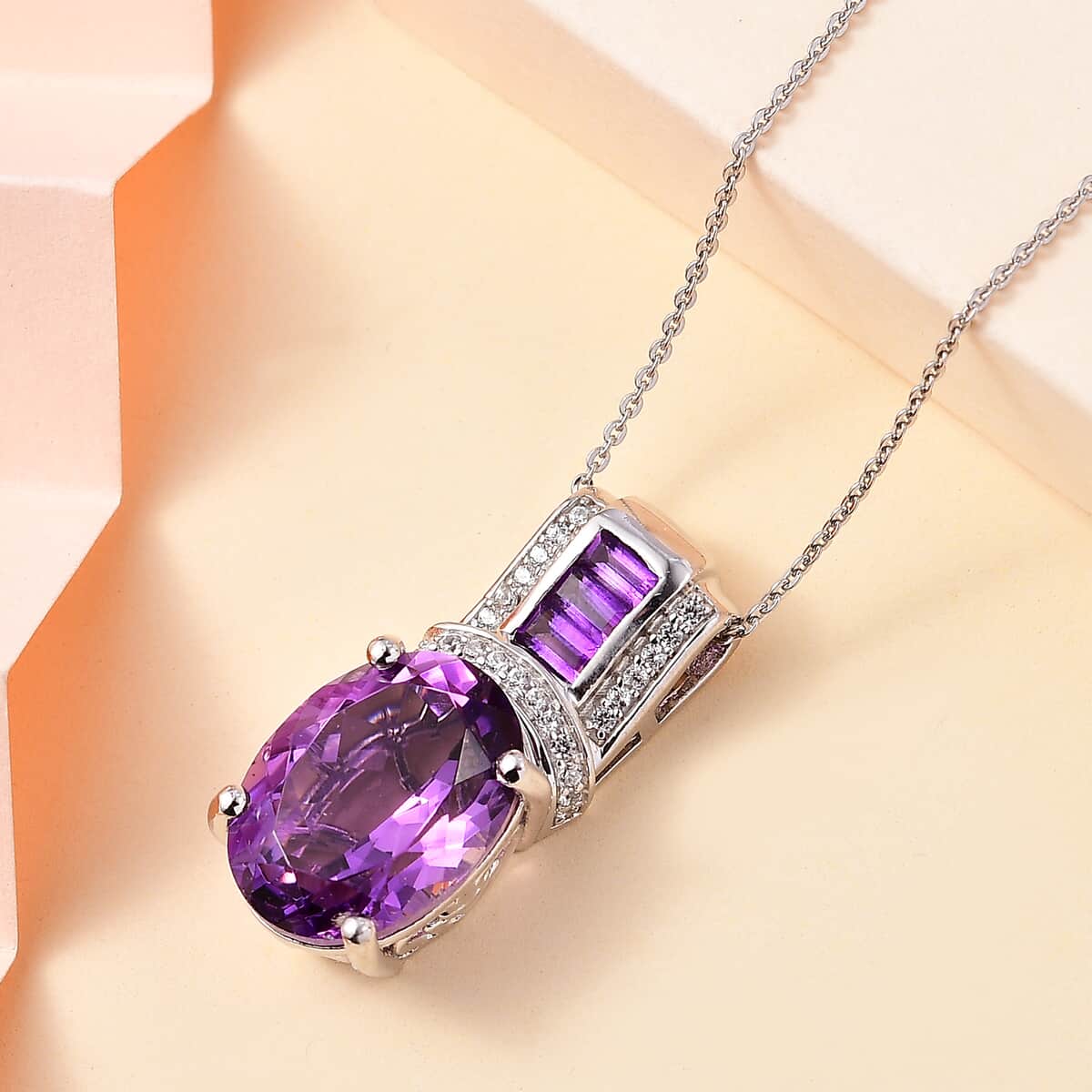 African Amethyst and White Zircon 10.00 ctw Art and Deco Pendant Necklace 20 Inches in Platinum Over and Rhodium Over Sterling Silver image number 1