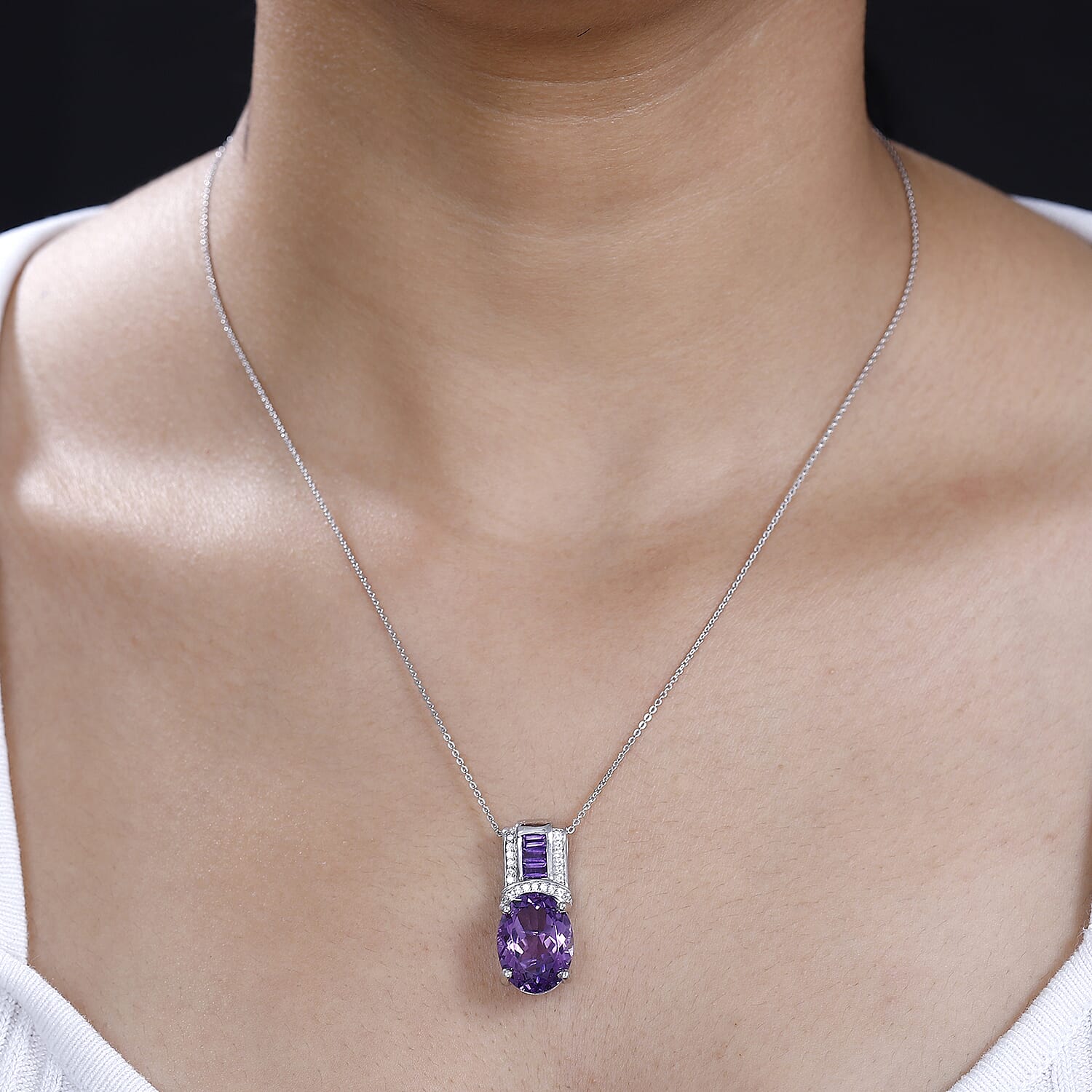 African Amethyst and White Zircon 10.00 ctw Art and Deco Pendant Necklace 20 Inches in Platinum Over and Rhodium Over Sterling Silver