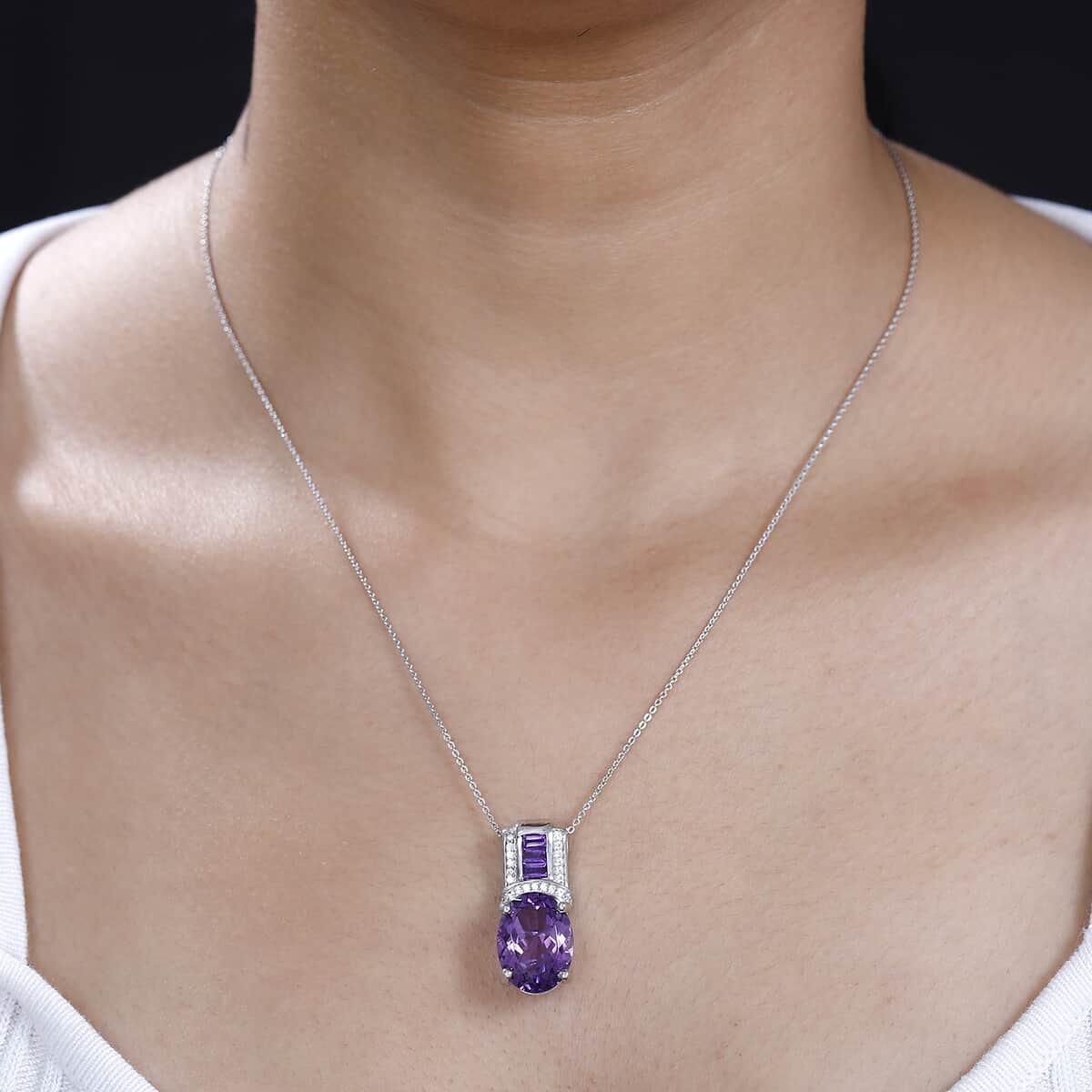 African Amethyst and White Zircon 10.00 ctw Pendant Necklace 20 Inches in Platinum Over and Rhodium Over Sterling Silver image number 2