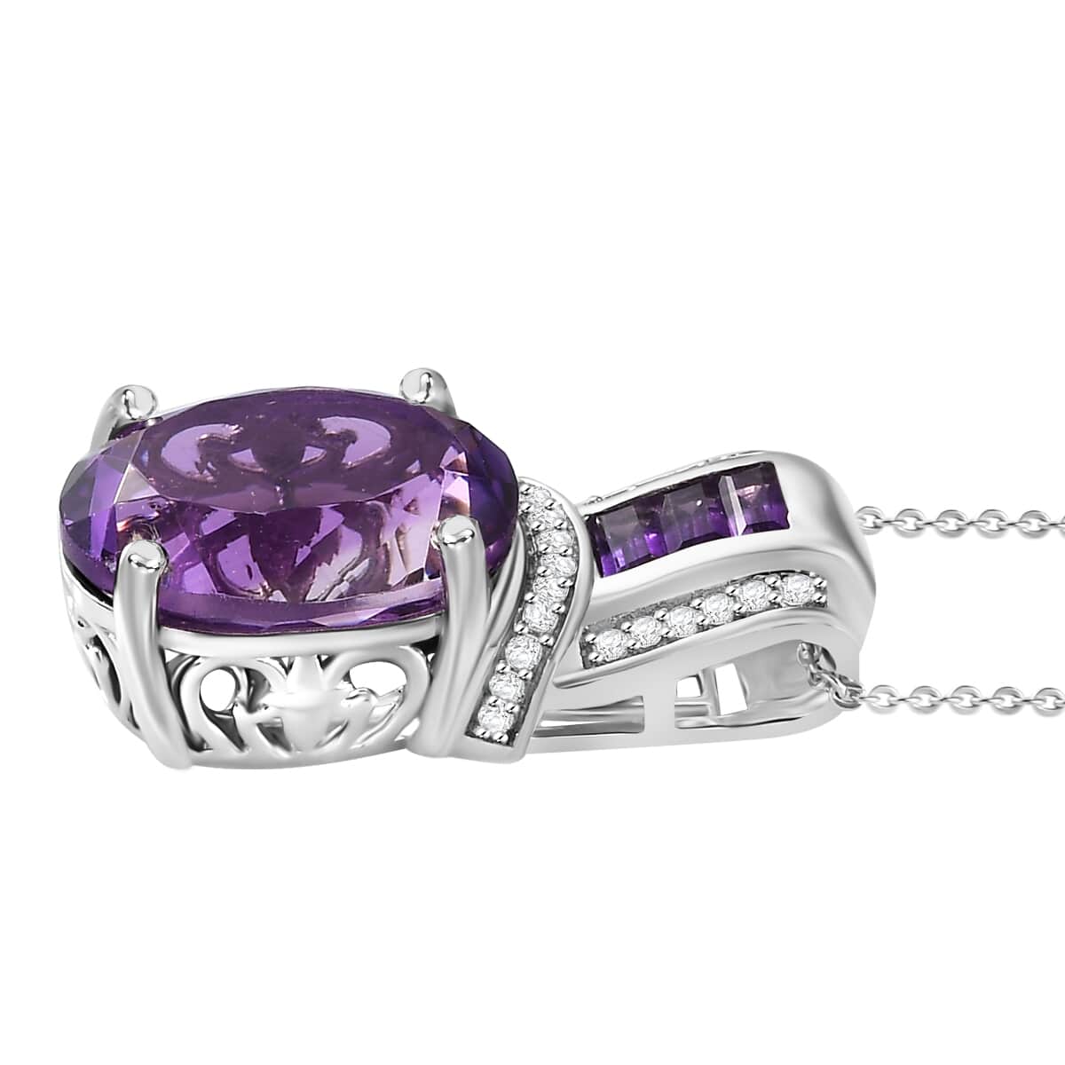 African Amethyst and White Zircon 10.00 ctw Pendant Necklace 20 Inches in Platinum Over and Rhodium Over Sterling Silver image number 3