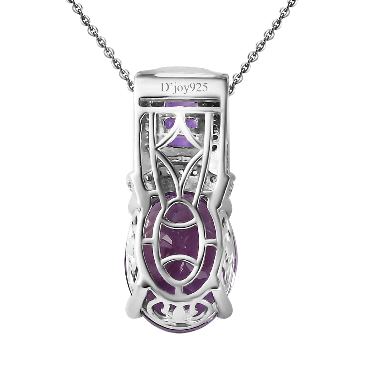 African Amethyst and White Zircon 10.00 ctw Art and Deco Pendant Necklace 20 Inches in Platinum Over and Rhodium Over Sterling Silver image number 4