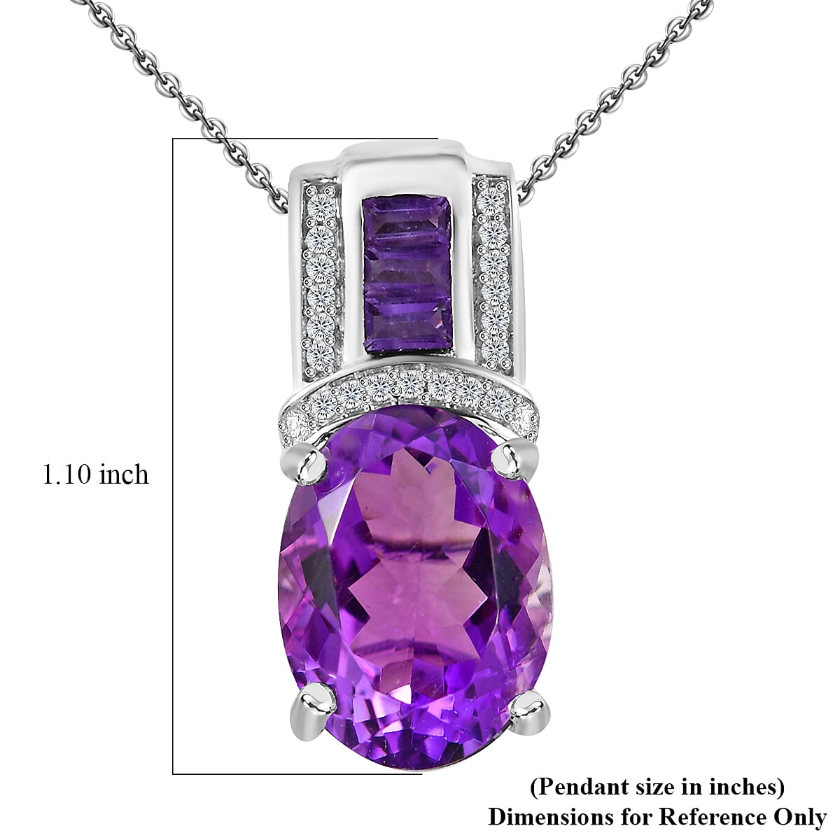 African Amethyst and White Zircon 10.00 ctw Art and Deco Pendant Necklace 20 Inches in Platinum Over and Rhodium Over Sterling Silver