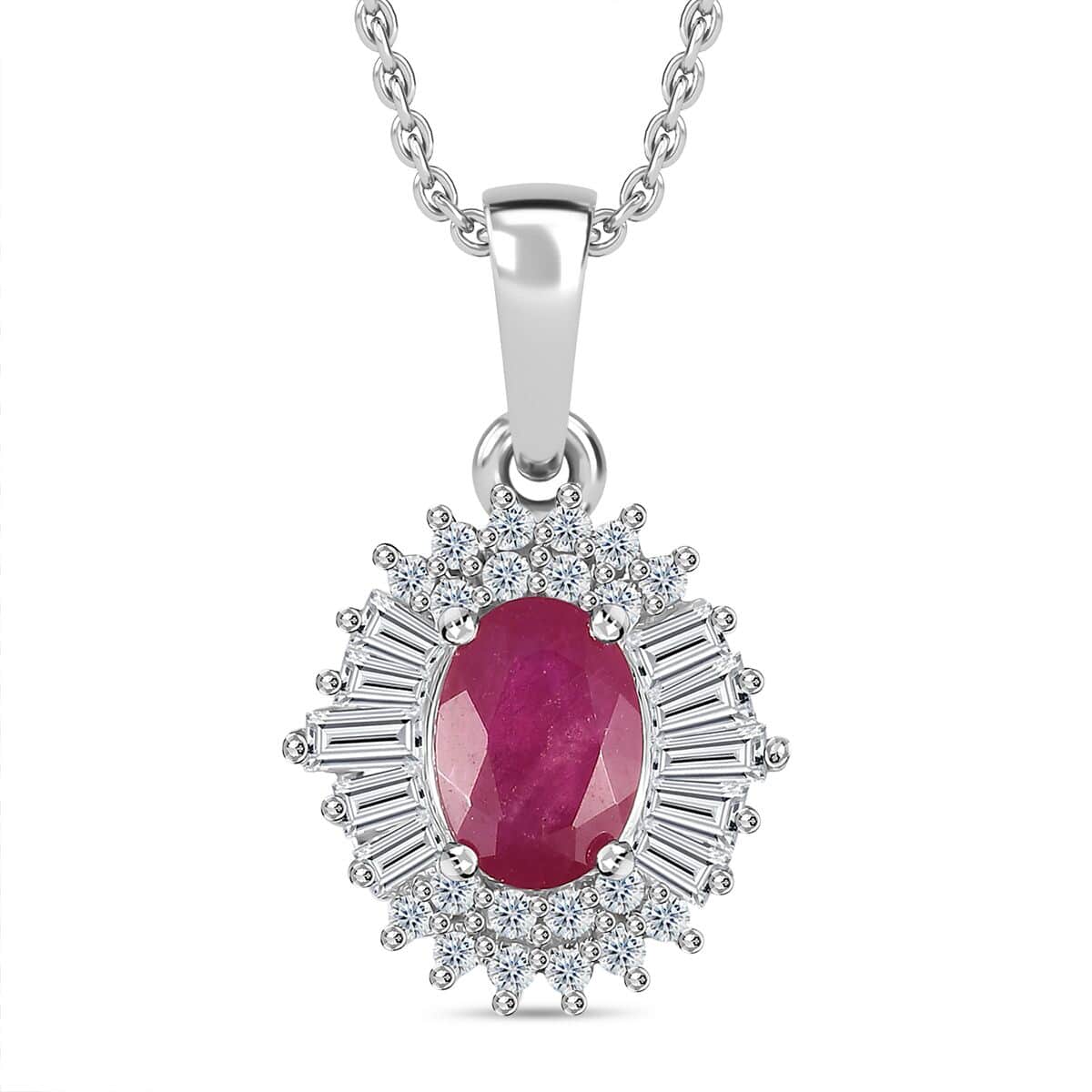 Montepuez Ruby and White Zircon Art Deco Pendant Necklace 20 Inches in Rhodium Over Sterling Silver 1.85 ctw image number 0