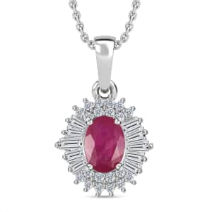 Montepuez Ruby and White Zircon Art Deco Pendant Necklace 20 Inches in Rhodium Over Sterling Silver 1.85 ctw