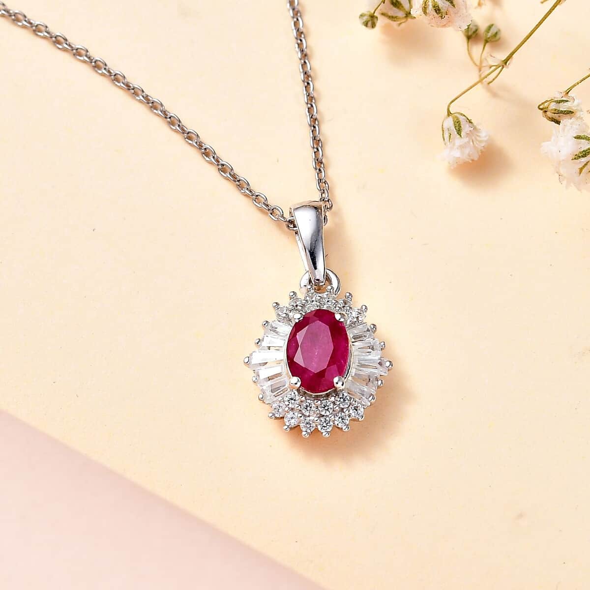 Montepuez Ruby and White Zircon Art Deco Pendant Necklace 20 Inches in Rhodium Over Sterling Silver 1.85 ctw image number 1