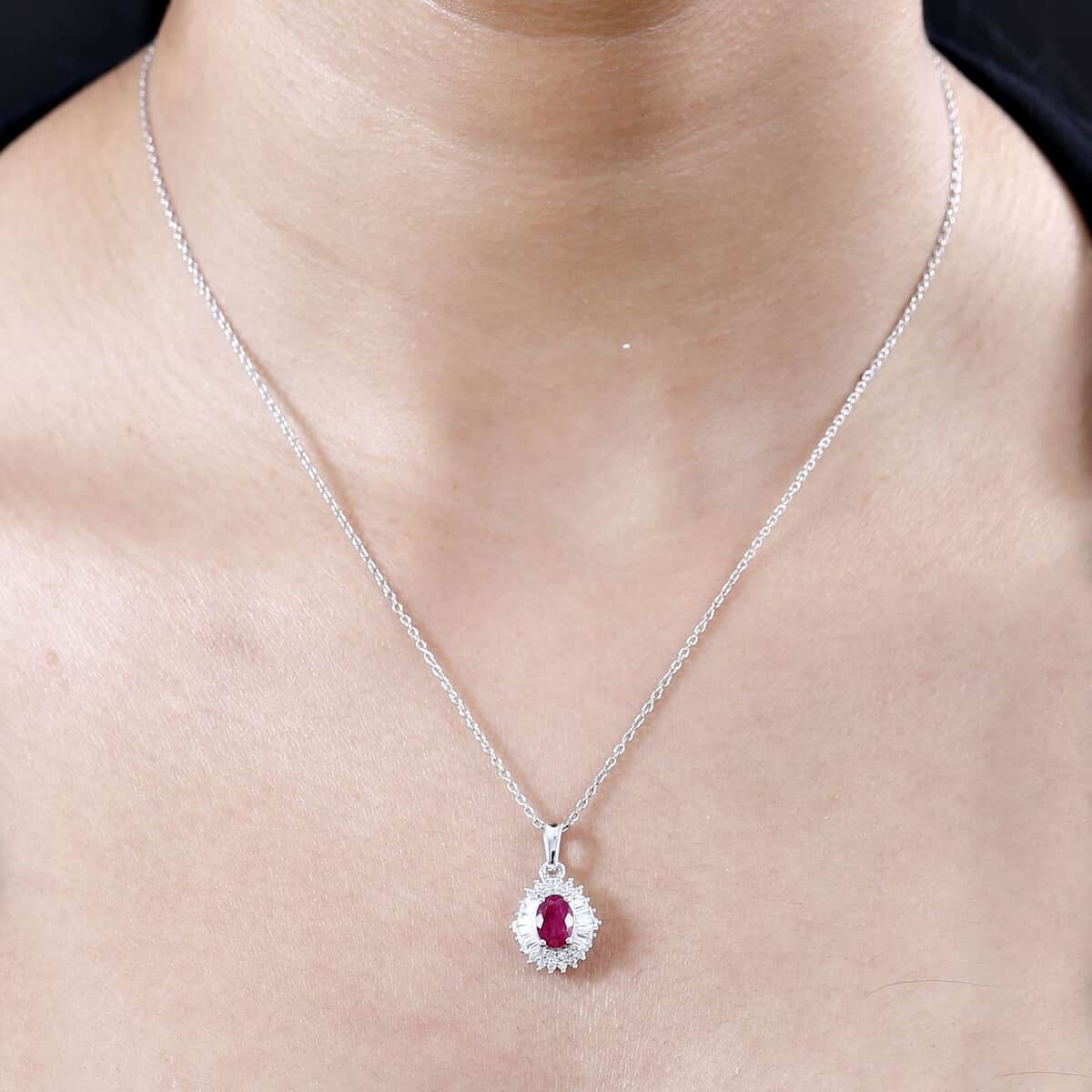 Montepuez Ruby and White Zircon Art Deco Pendant Necklace 20 Inches in Rhodium Over Sterling Silver 1.85 ctw image number 2