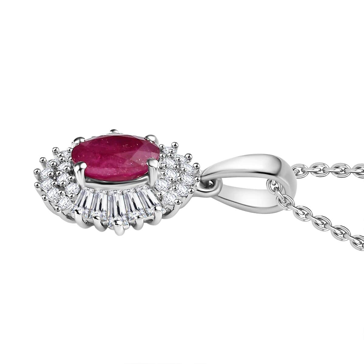 Montepuez Ruby and White Zircon Art Deco Pendant Necklace 20 Inches in Rhodium Over Sterling Silver 1.85 ctw image number 3