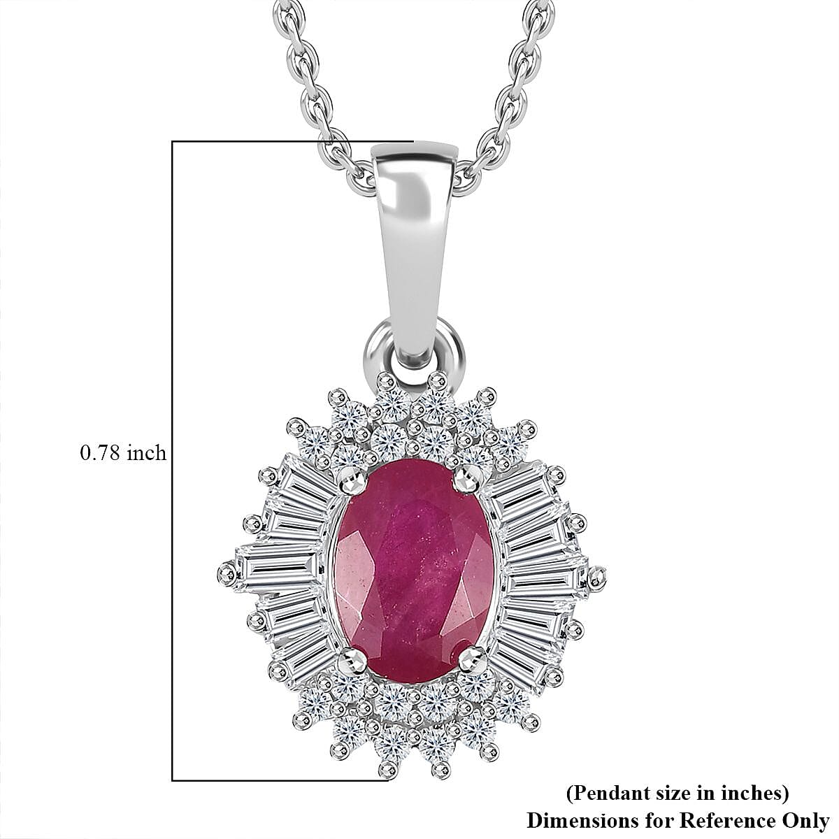 Montepuez Ruby and White Zircon Art Deco Pendant Necklace 20 Inches in Rhodium Over Sterling Silver 1.85 ctw