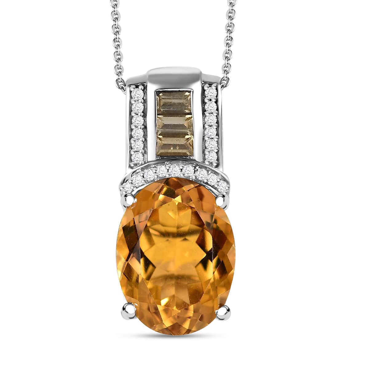 Brazilian Citrine and White Zircon 10.15 ctw Art and Deco Pendant Necklace 20 Inches in Platinum Over and Rhodium Over Sterling Silver image number 0