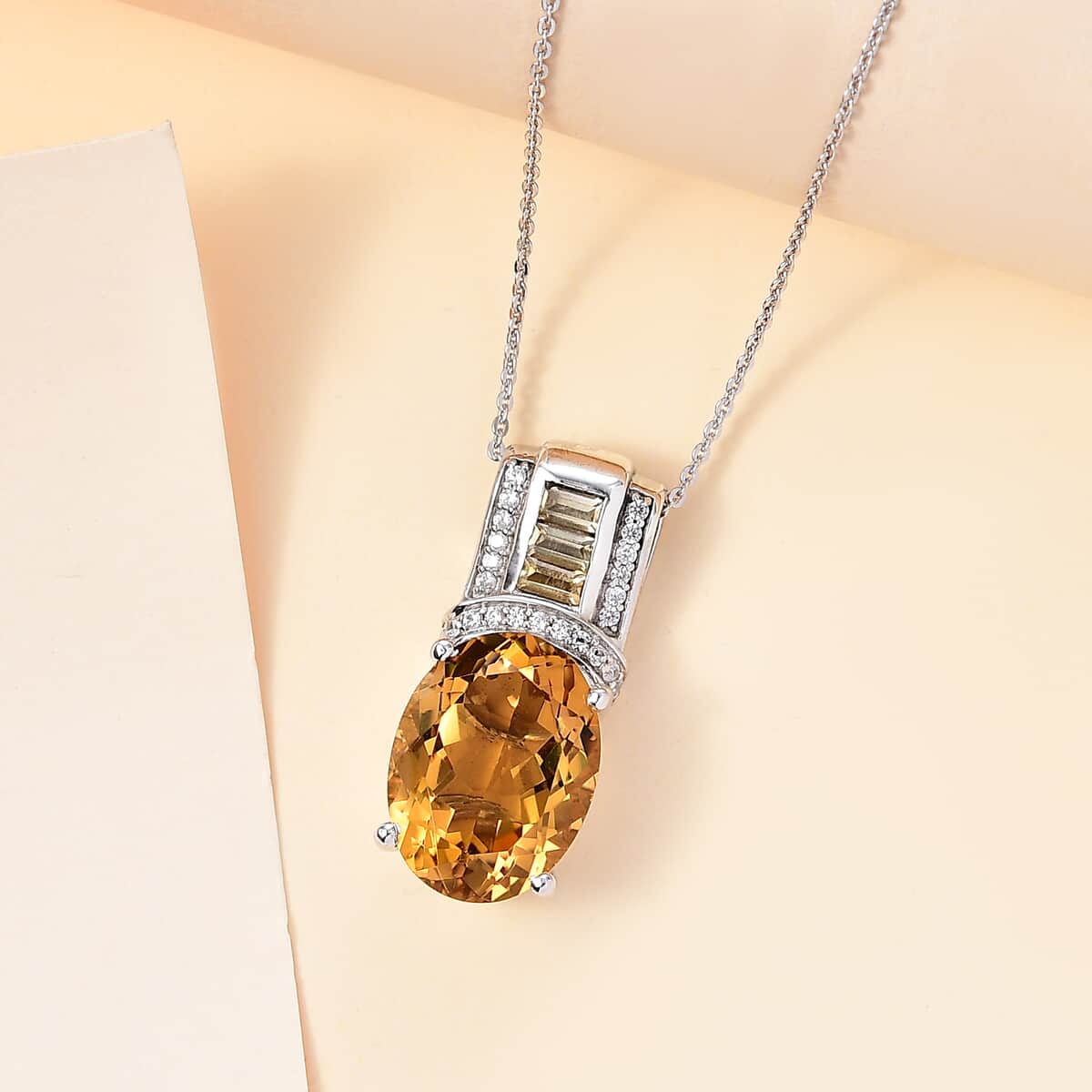 Brazilian Citrine and White Zircon 10.15 ctw Art and Deco Pendant Necklace 20 Inches in Platinum Over and Rhodium Over Sterling Silver image number 1