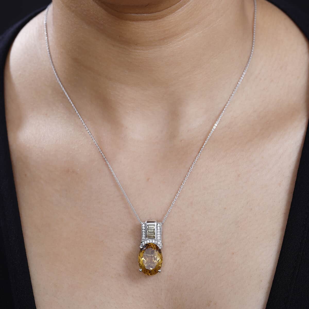 Brazilian Citrine and White Zircon 10.15 ctw Art and Deco Pendant Necklace 20 Inches in Platinum Over and Rhodium Over Sterling Silver image number 2