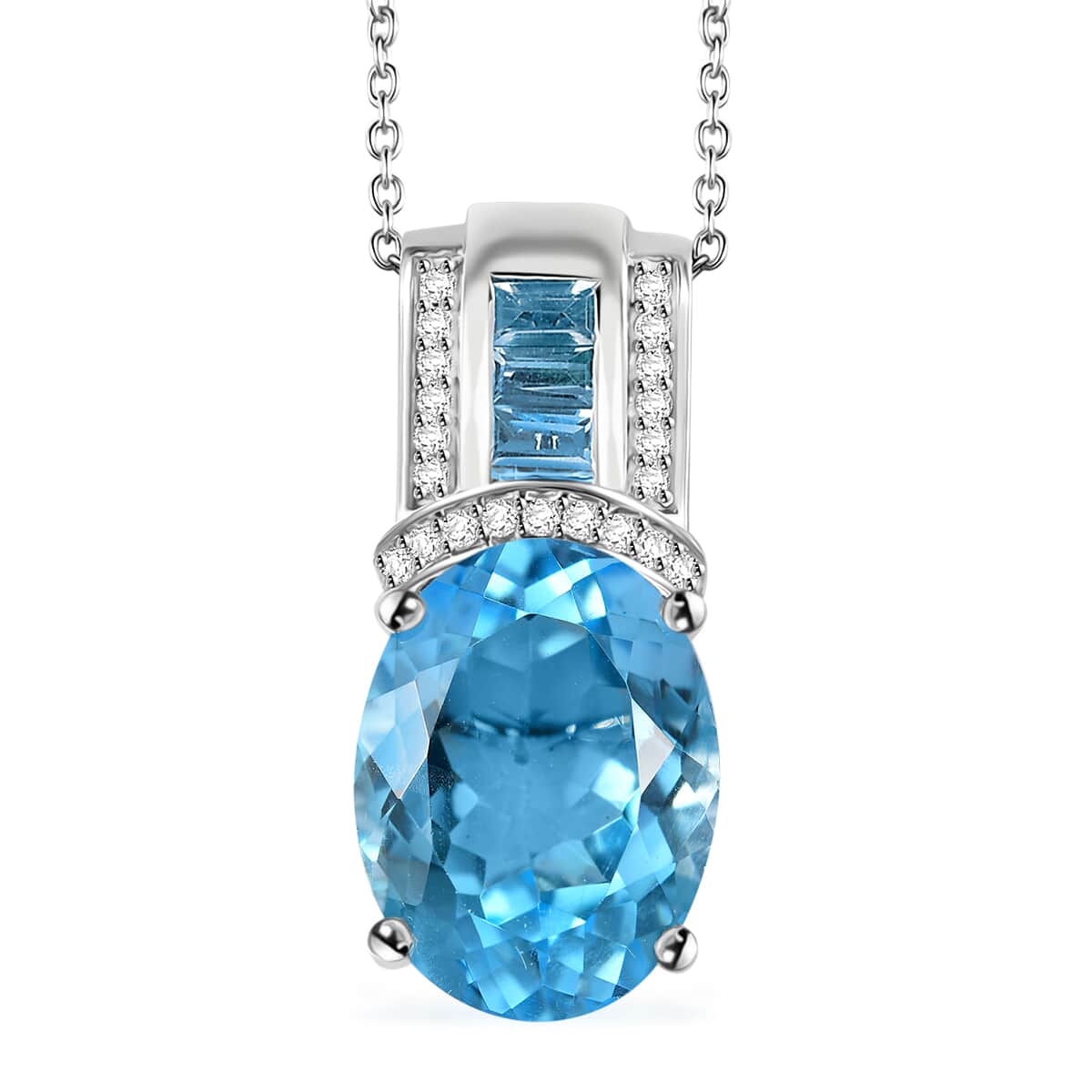 Sky Blue Topaz and White Zircon 12.60 ctw Art and Deco Pendant Necklace 20 Inches in Platinum Over and Rhodium Over Sterling Silver image number 0