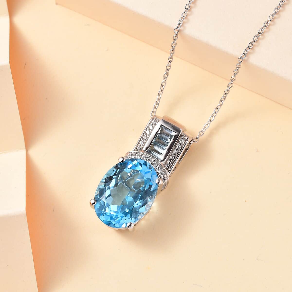 Sky Blue Topaz and White Zircon 12.60 ctw Art and Deco Pendant Necklace 20 Inches in Platinum Over and Rhodium Over Sterling Silver image number 1