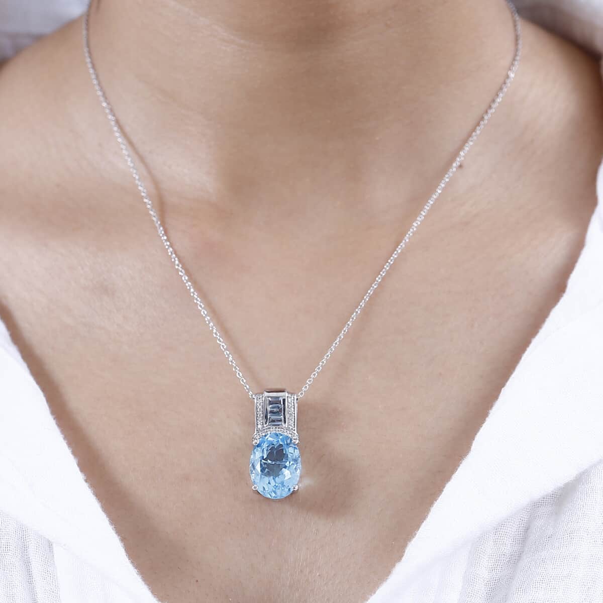 Sky Blue Topaz and White Zircon 12.60 ctw Art and Deco Pendant Necklace 20 Inches in Platinum Over and Rhodium Over Sterling Silver image number 2