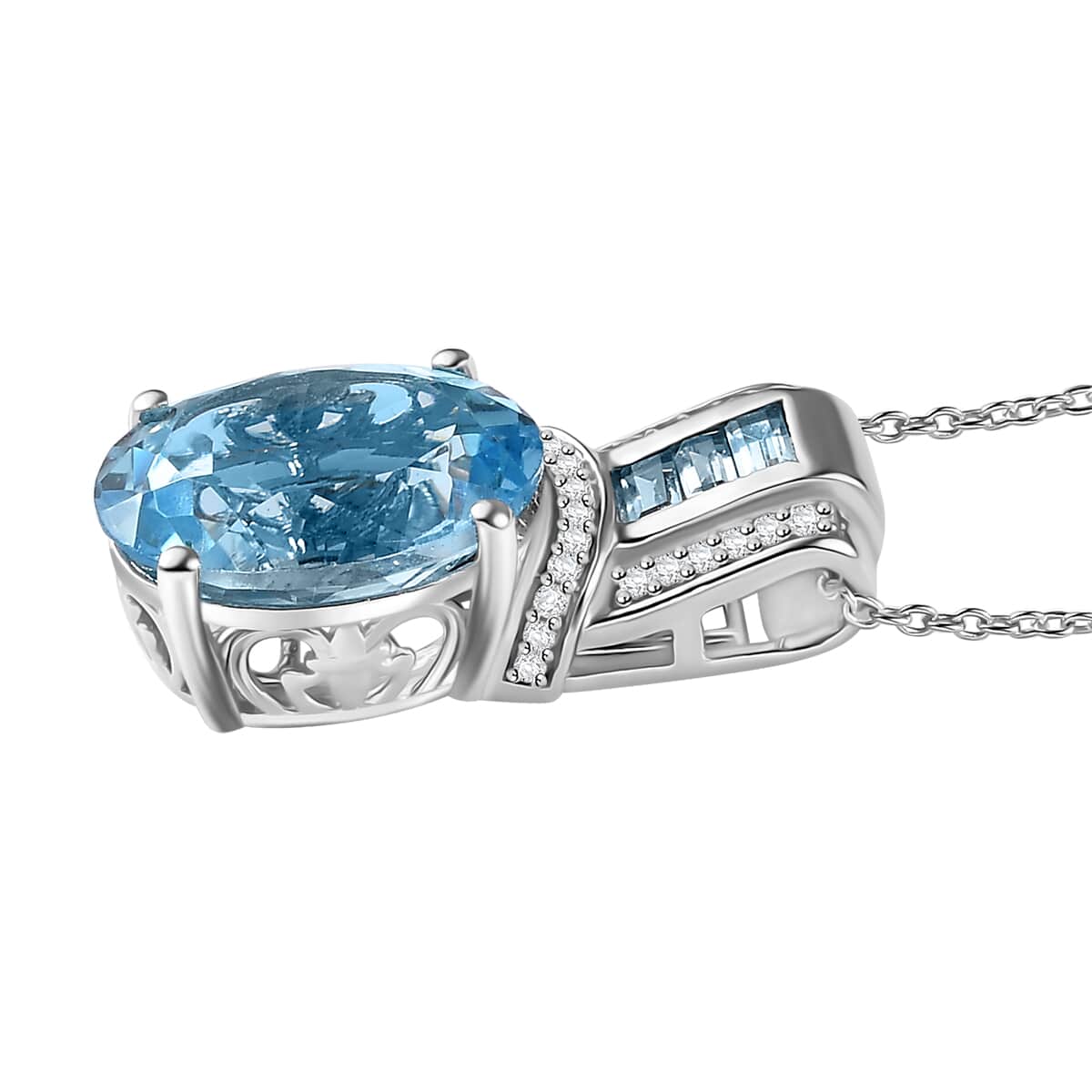 Sky Blue Topaz and White Zircon 12.60 ctw Art and Deco Pendant Necklace 20 Inches in Platinum Over and Rhodium Over Sterling Silver image number 3