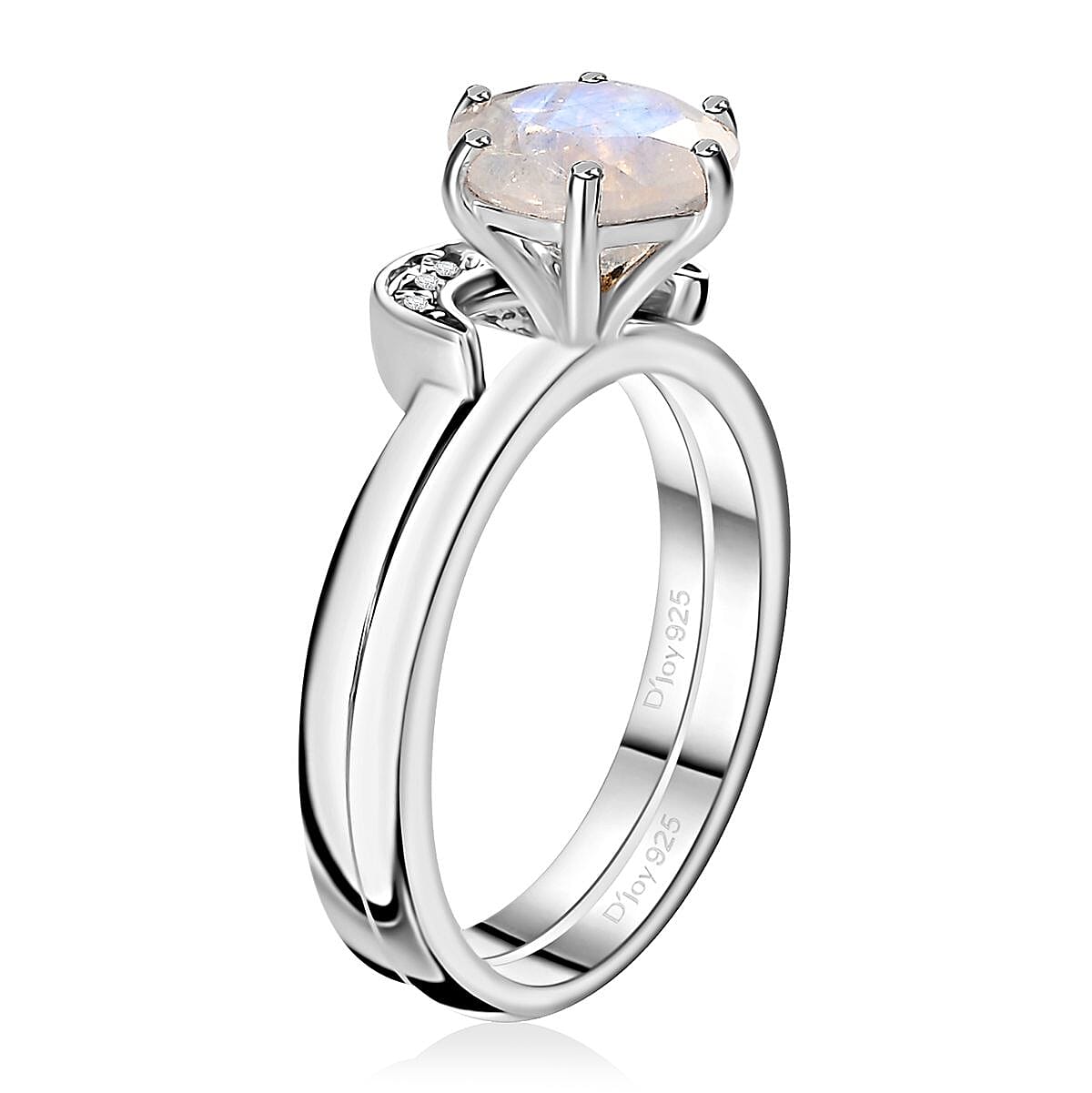 Moon Glow Moonstone and White Zircon Set of 2 Stackable Half Moon Ring in Rhodium Over Sterling Silver (Size 5.0) 2.00 ctw